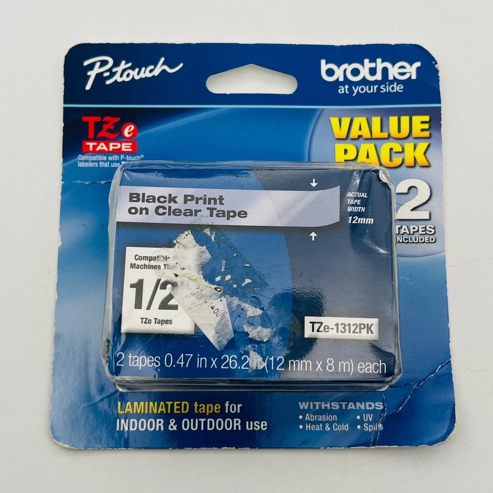Brother P-touch TZe-1312PK 1/2 Inch Black on Clear Laminated Label Tape 2 Pack